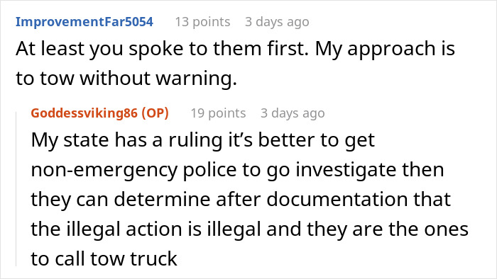 Screenshot of an online discussion about entitled neighbors blocking driveway and legal steps for towing vehicles.