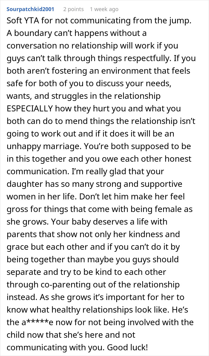 Comment discussing husband calling pregnant wife disgusting and ignoring baby after being called out.