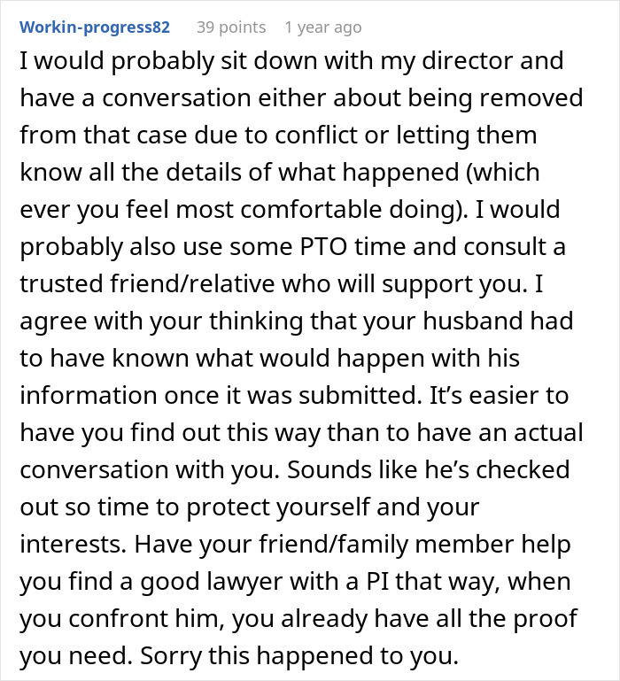Comment discussing advice on handling discovery of husband's affair baby while setting up WIC profile at work.
