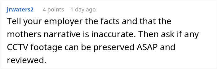 Screenshot of a comment advising to inform the employer and preserve CCTV footage in a nut allergy incident case. Screenshot of a comment advising to inform the employer and preserve CCTV footage in a nut allergy incident case.