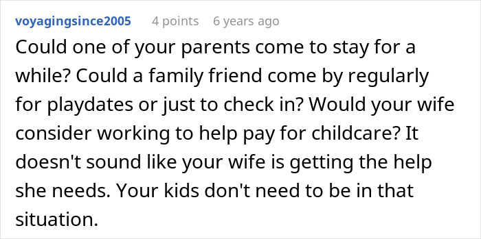 Comment discussing childcare challenges as wife leaves toddlers behind, husband left picking up the pieces.