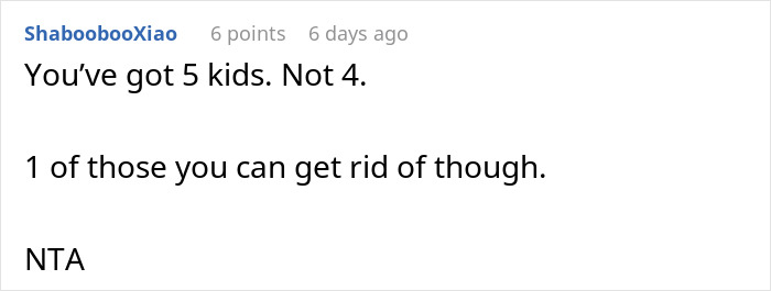 Comment on social platform stating disagreement, mentioning number of kids and using acronym NTA, discussing a family situation.