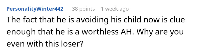 Screenshot of a user comment criticizing a husband for calling his pregnant wife disgusting and ignoring their baby after being called out.