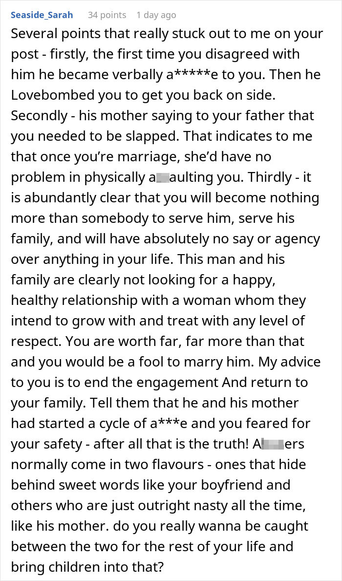 Online comment expressing concerns over a man lashing out at fianc&eacute;e after family dress shopping without her.