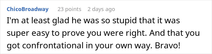 Reddit comment discussing sister boyfriend relationship drama, praising confrontational approach and proving a point easily.