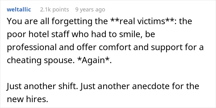 Comment highlighting hotel staff&rsquo;s professionalism and support during a cheating spouse incident, reflecting pro revenge tactics.
