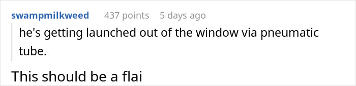 Screenshot of a social media comment discussing a humorous situation about being launched out of a window via pneumatic tube.