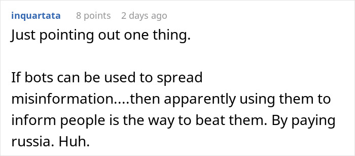 Text post discussing using Russian bots to spread information and challenge misinformation after funds get locked.