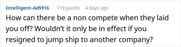 Comment text about non compete clauses after an employee gets laid off, questioning their validity if the employee was terminated.