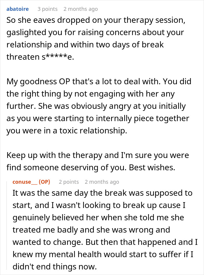 Text conversation about a woman eavesdropping on boyfriend’s private therapy session and the resulting anger. Text conversation about a woman eavesdropping on boyfriend’s private therapy session and the resulting anger.