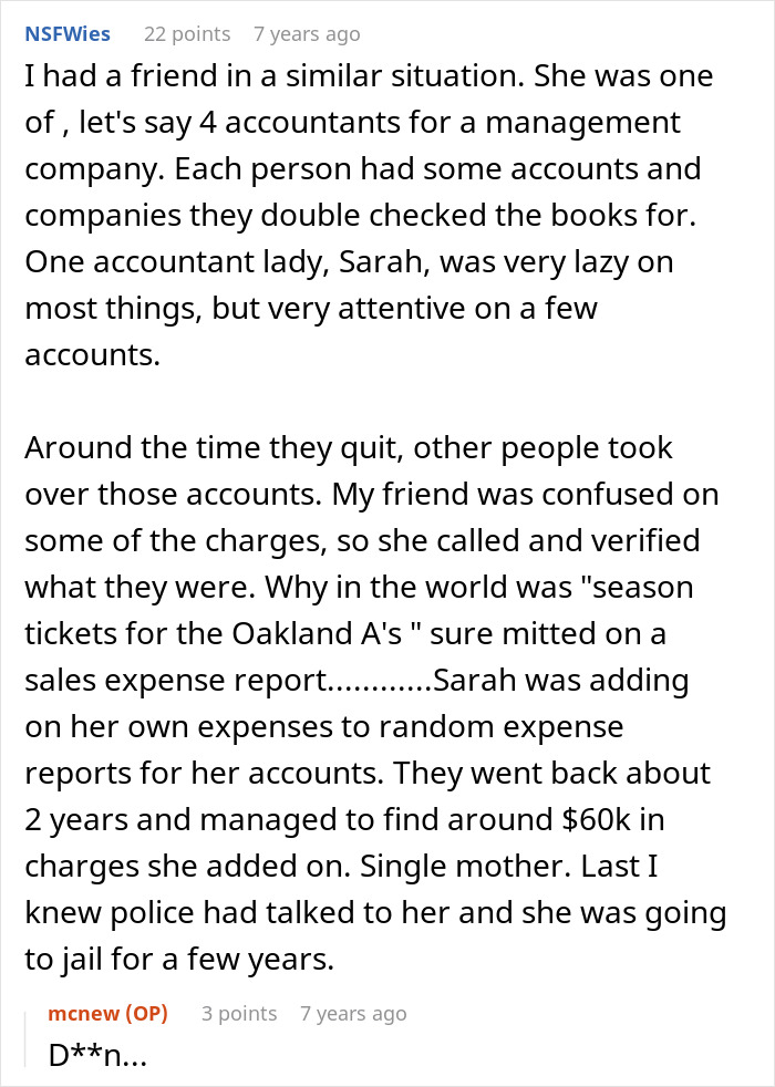 Screenshot of an online forum discussion about a pet store manager caught defrauding the store through careful employee observations and paper trail.