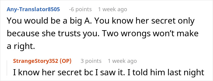 Screenshot of a Reddit conversation where a woman reveals her best friend&rsquo;s affair to the friend&rsquo;s boyfriend.