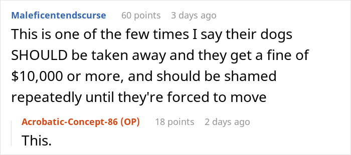 Screenshot of a Reddit conversation discussing rude dog owners and teaching them a lesson on respect in the neighborhood.