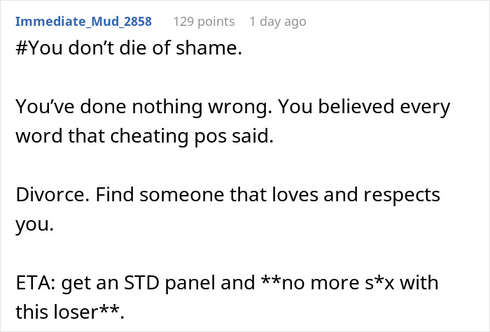 Comment expressing support for a woman who learns she was her husband's second choice and encourages divorce. Comment expressing support for a woman who learns she was her husband's second choice and encourages divorce.