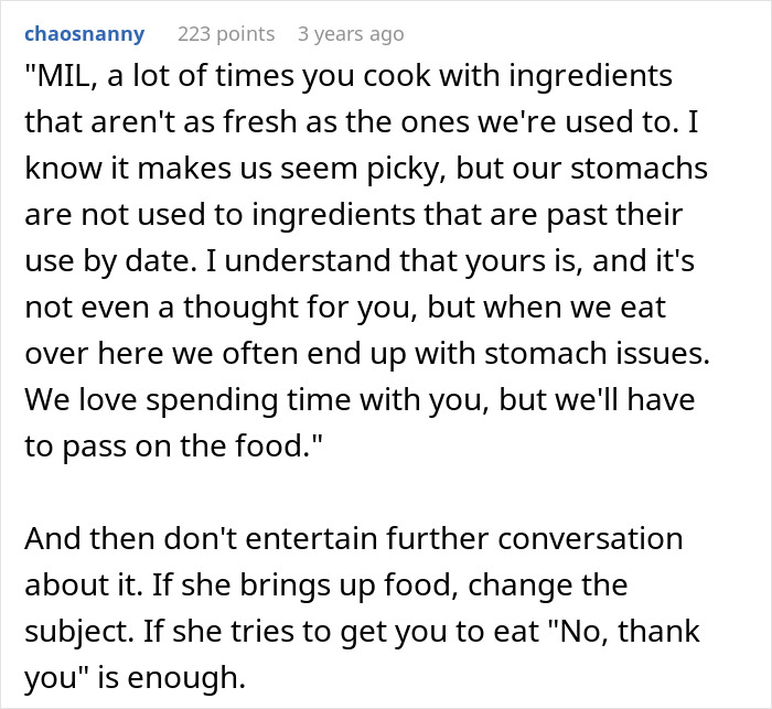 Comment excerpt discussing cheap MIL feeding son and girlfriend spoiled food causing stomach issues and tension.