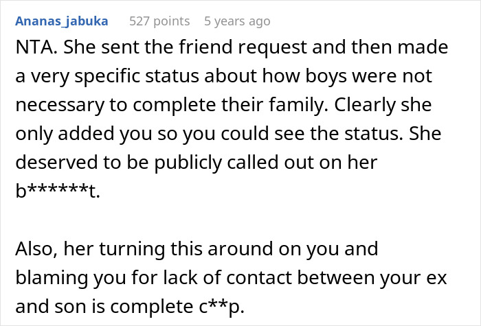Comment discussing mom bragging online about boys not being necessary and being called out for husband’s abandoned son. Comment discussing mom bragging online about boys not being necessary and being called out for husband’s abandoned son.