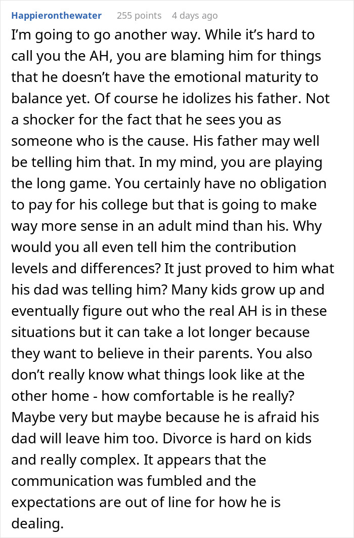 User comment discussing emotional maturity and family dynamics in a man denying his stepson&rsquo;s pleas for college fund contribution.