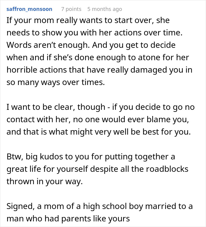 Comment discussing a mom who hid college acceptance letters from her least favorite kid, offering advice and support.