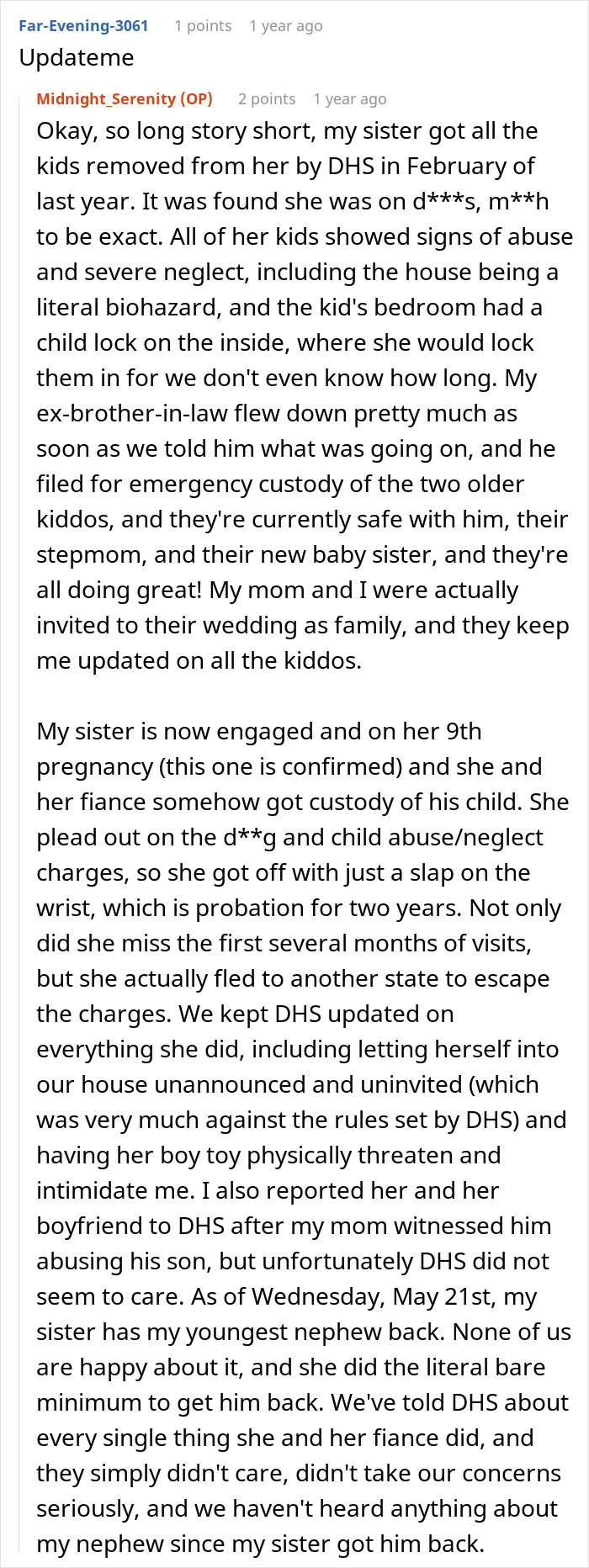 Text post discussing sister threatening to call cops after woman brings her kids home amid child abuse and custody issues
