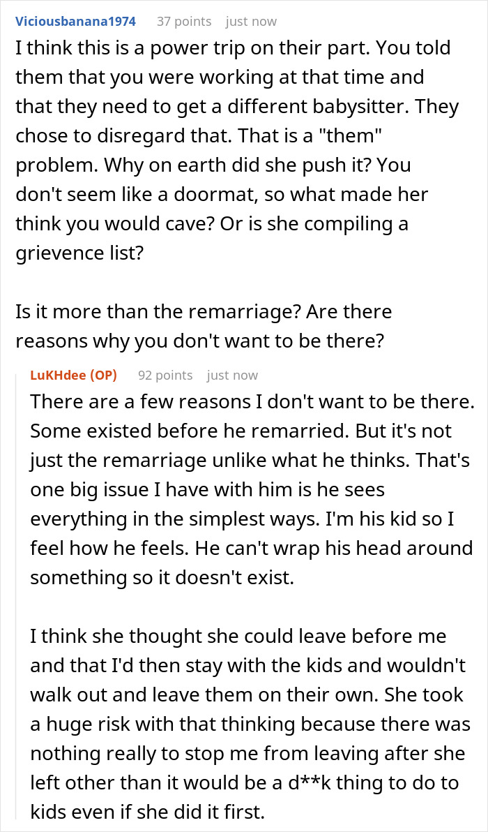 Reddit conversation about a teen secretly planning to ditch babysitting half siblings after couple expects his help.