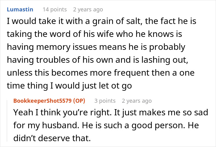 Online discussion about a couple confronted by elderly neighbor over alleged affair claims during a walk.
