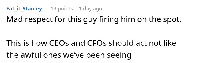 Screenshot of a comment praising a CFO for firing an employee on the spot over a body-shaming incident.