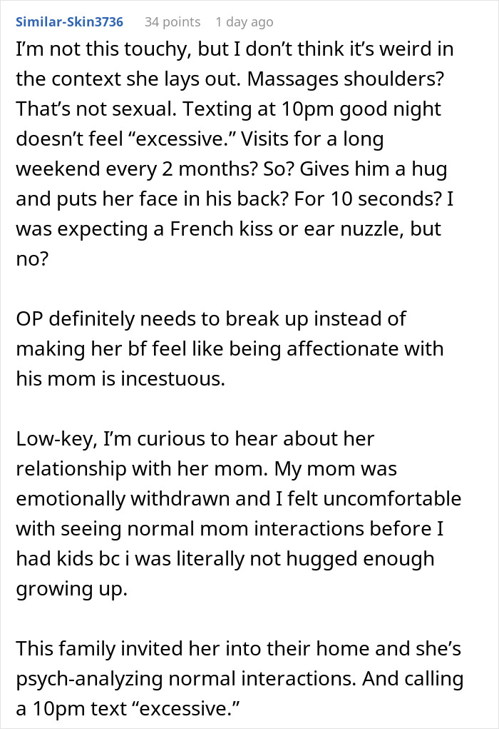 Text showing a Reddit user discussing a woman who can&rsquo;t take her boyfriend being affectionate with his mom and if she is overthinking this.