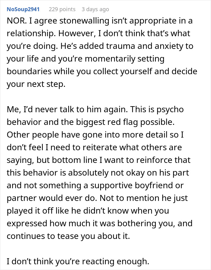 Commenter discussing trauma and red flags after woman finds hidden device in closet planted by boyfriend, highlighting relationship boundaries.