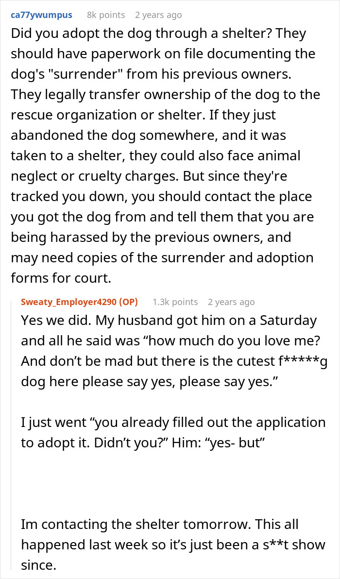 Reddit conversation about a woman leaving dog in shelter, trying to get him back, and police involvement in adoption dispute.