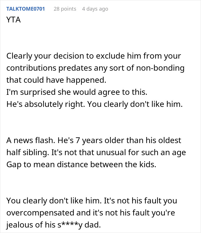 Reddit discussion about a man denying his stepson's pleas to contribute to his college fund, debating family and financial issues.