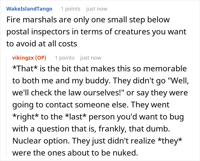 Screenshot of a Reddit thread discussing a landlord malicious compliance drama involving fire marshals and legal misunderstandings.