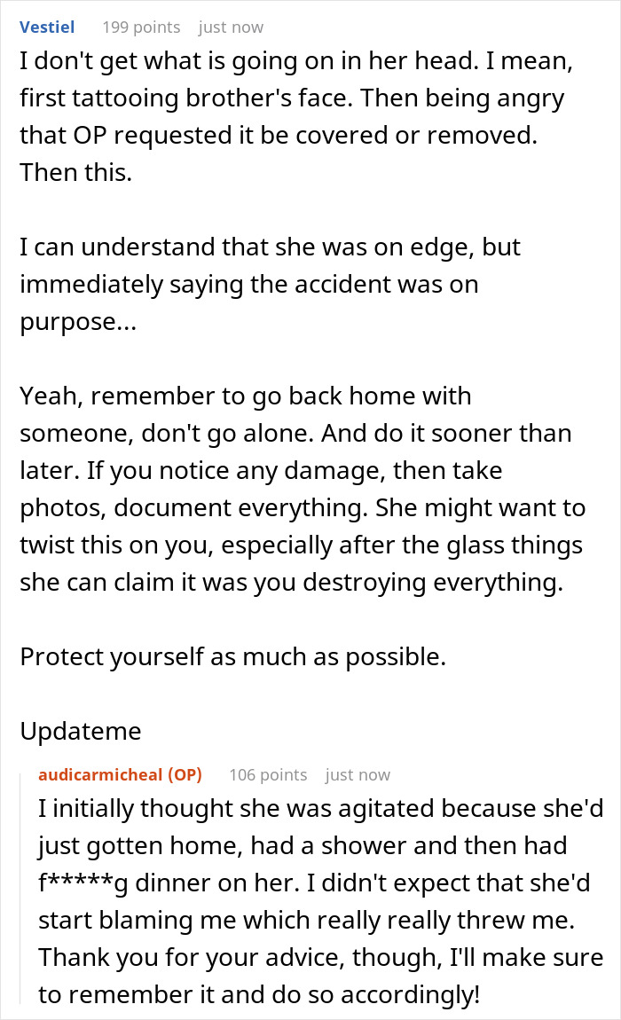 Reddit conversation about man breaking up with fiancée after she tattoos his late brother’s face, discussing relationship conflict. Reddit conversation about man breaking up with fiancée after she tattoos his late brother’s face, discussing relationship conflict.