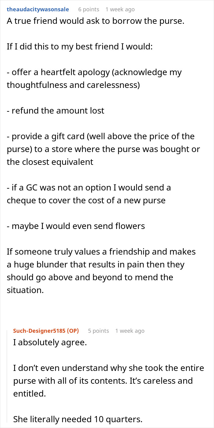 Comments discussing friendship and purse fiasco, emphasizing apology, refund, and valuing long-term relationships.