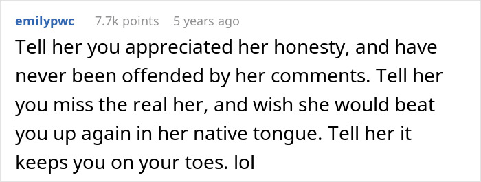 Comment about appreciating honesty from husband&rsquo;s parents and being challenged in their native language playfully.