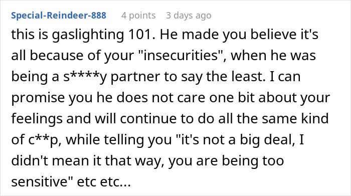 Screenshot of a comment explaining gaslighting in the context of suspicion about nannying a coworker&rsquo;s girlfriend&rsquo;s children.