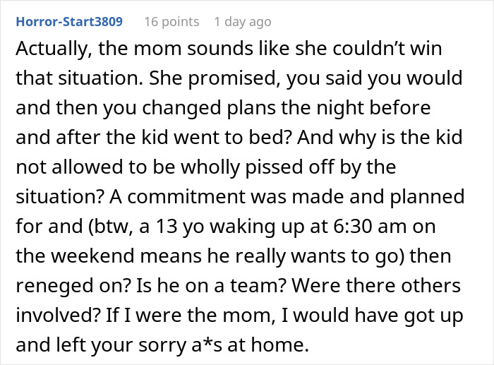 Comment discussing a son&rsquo;s meltdown about mountain biking early in the morning and family commitment issues.