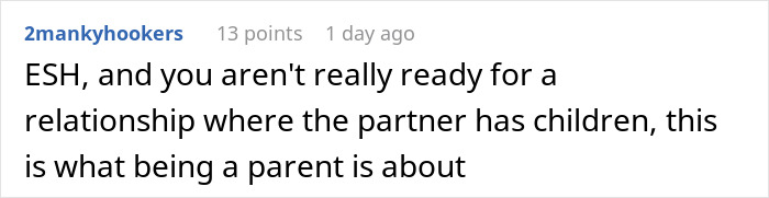 Comment on Reddit discussing challenges of relationships involving children and parenting, referencing a meltdown about mountain biking.