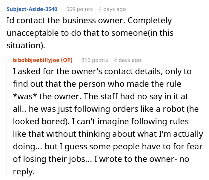 Online forum conversation about a couple slamming caf&eacute;&rsquo;s rigid rules after wife with allergies was forced outside.