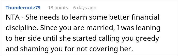 Screenshot of a Reddit comment about husband telling wife no money means no honeymoon due to ticket payment dispute.