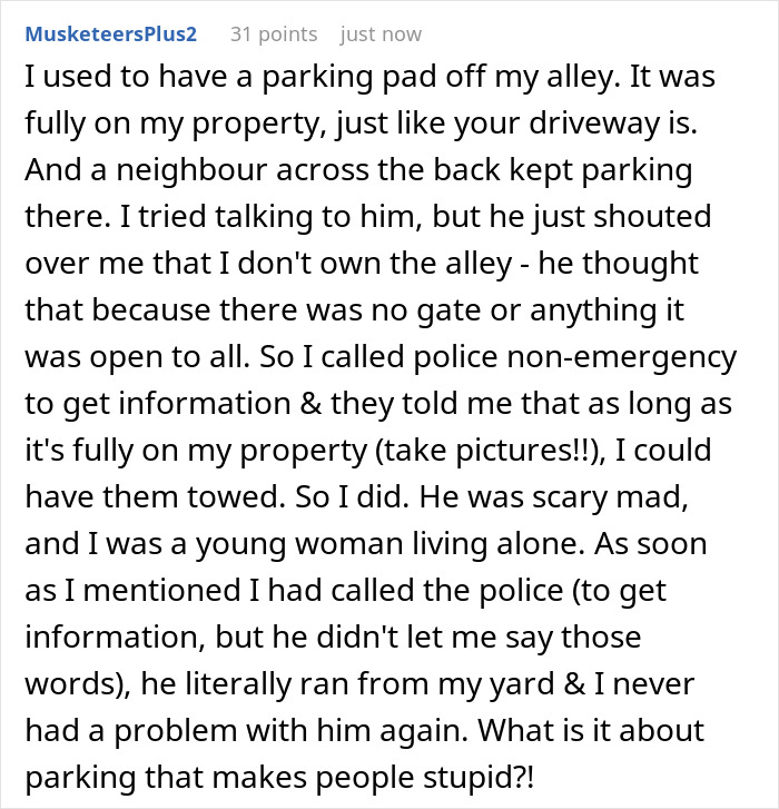 Comment text about neighbor repeatedly using driveway, relating to nurse coming home from long shift and confrontation ensuing.