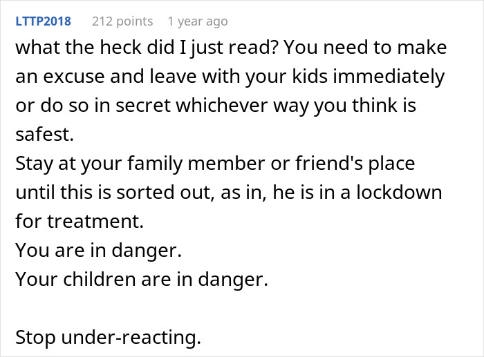 Comment warning about danger urges woman to leave husband immediately and learn lesson the hard way in relationship advice discussion.