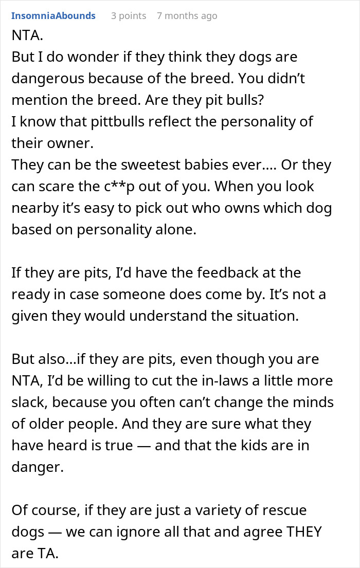 Comment discussing concerns about dogs in the house and potential CPS involvement due to spouse&rsquo;s parents&rsquo; disapproval.