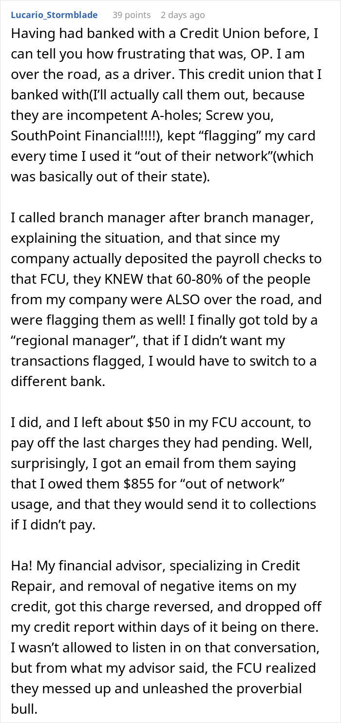 Text post with a user sharing a frustrating banking experience after funds get locked by a financial institution.