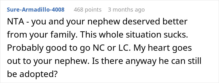 Comment about family conflict and adoption, expressing sympathy for nephew and mentioning single mom abandoning toddler.