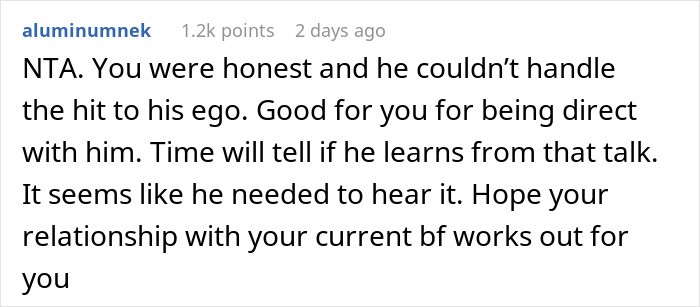 Comment discussing a guy telling an old friend she should date him instead of her boyfriend because he&rsquo;s tall, then breaking down after a no.