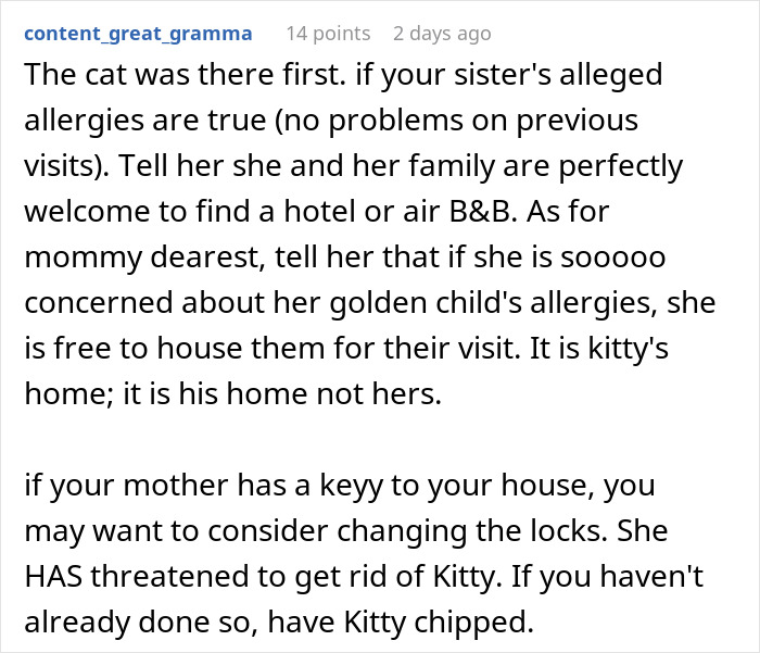 Text excerpt discussing parents trying to get rid of a cat during pregnant sister’s visit, causing daughter’s anger. Text excerpt discussing parents trying to get rid of a cat during pregnant sister’s visit, causing daughter’s anger.