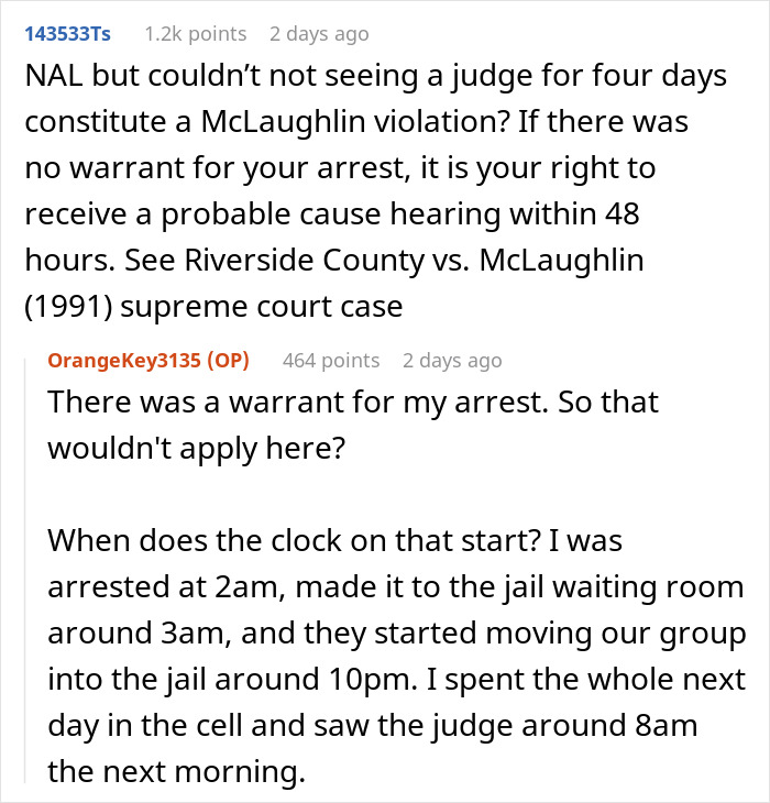 Comments on Reddit discussing probable cause hearings and legal rights after arrest in a wrongful crime consequence case.