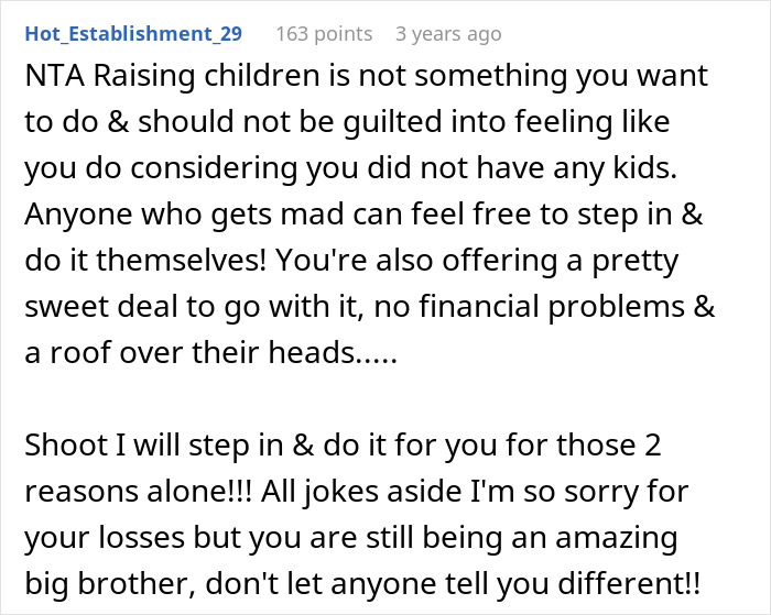 Comment from Hot_Establishment_29 discussing guilt and responsibility in raising unwanted siblings considering adoption challenges.