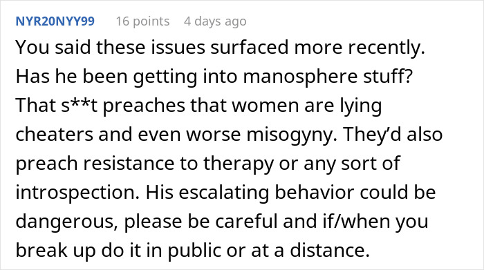 Comment discussing a man going through girlfriend&rsquo;s phone, highlighting concerns about behavior and relationship risks.