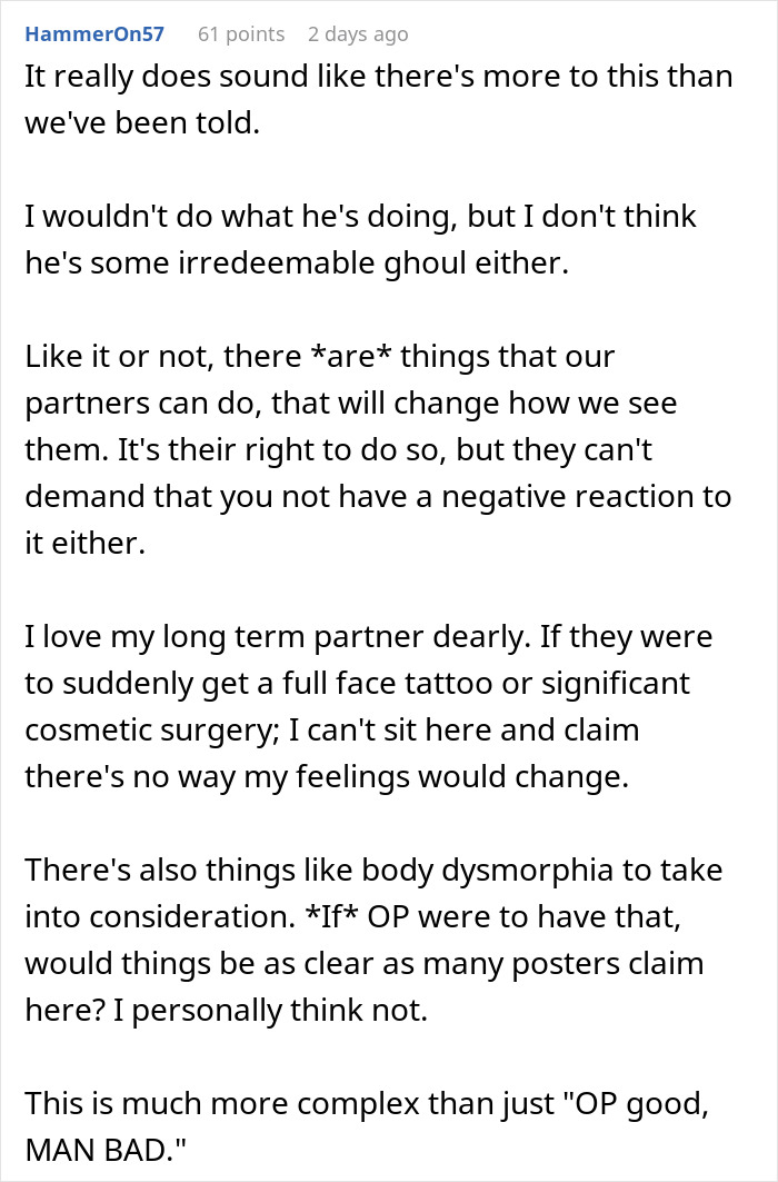 Commenter discussing relationship challenges and perspectives on plastic surgery and partner changes with husband reduction context.